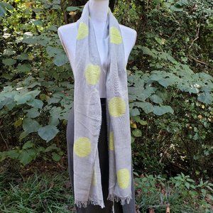 TALBOTS Fringed Lightweight Scarf in Grey with Chartreuse Dots Brand New NWT